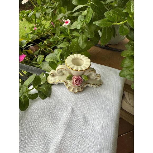Vintage Dresden-Style Porcelain Candle Holder | Pink Rose & Gold Trim | - Picture 1 of 3